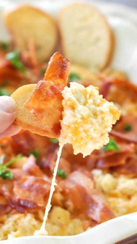 A super-easy and very tasty dip is full of cheesy, bacon-y flavor. It goes together in just minutes and is sure to please at your next party!