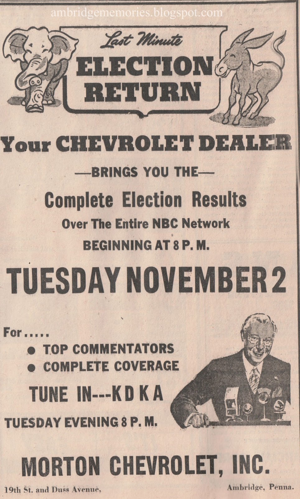Ambridge Memories Morton Chevrolet & KDKA election results ad, 1948
