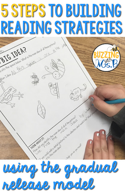 Teaching reading strategies sticks when you use the gradual release model. Learn about the five steps to teaching reading strategies through this model and check out a product you can use to help you do it! Students learn when they have good models and their teacher scaffolds the learning over time! Start with a hands on activity, move through I Do, We Do, and You Do until students are prepared to demonstrate their independence! Teaching reading strategies sticks when you use the gradual release model. Learn about the five steps to teaching reading strategies through this model and check out a product you can use to help you do it! Students learn when they have good models and their teacher scaffolds the learning over time! Start with a hands on activity, move through I Do, We Do, and You Do until students are prepared to demonstrate their independence!