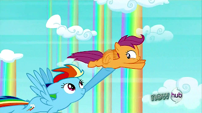 Rainbow Dash holds up Scootaloo as she flies
