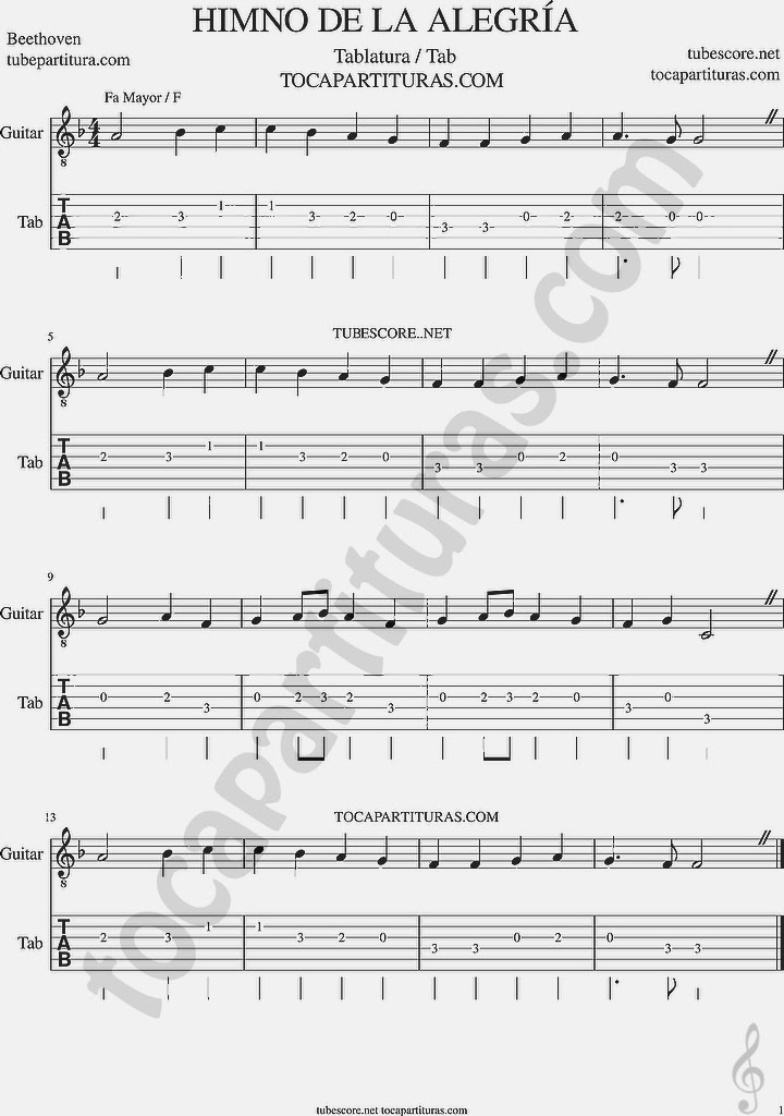 Himno de la Alegría en Fa Mayor Tablatura y partitura del Punteo de Guitarra (tab) by Beethoven  Ode to Joy Tabs Easy sheet music for guitar F Major (con si bemol)