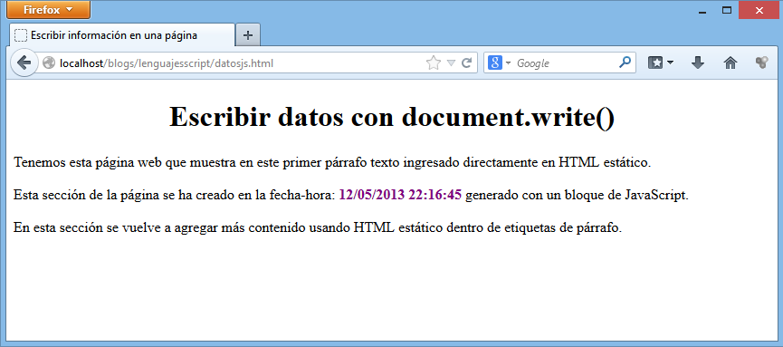 Lenguajes de script: Mostrar datos de JavaScript en una página web