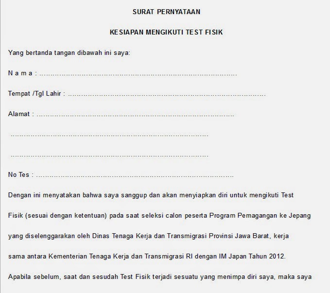 Surat Pe   rnyataan Kesiapan Mengikuti Tes Fisik Magang  Contoh Surat