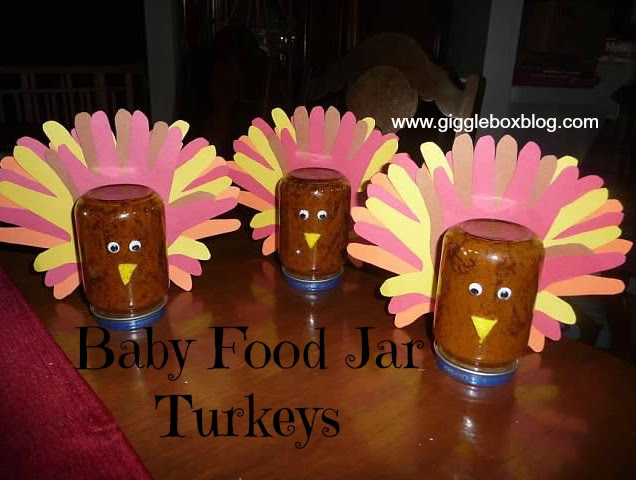 recycled baby food jars turned into thanksgiving turkeys, 