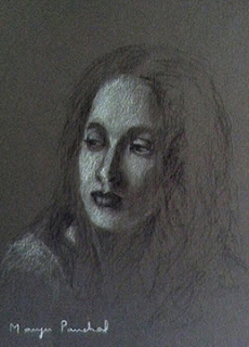 Portrait study work in charcoal and white pastel pencil. By Manju Panchal