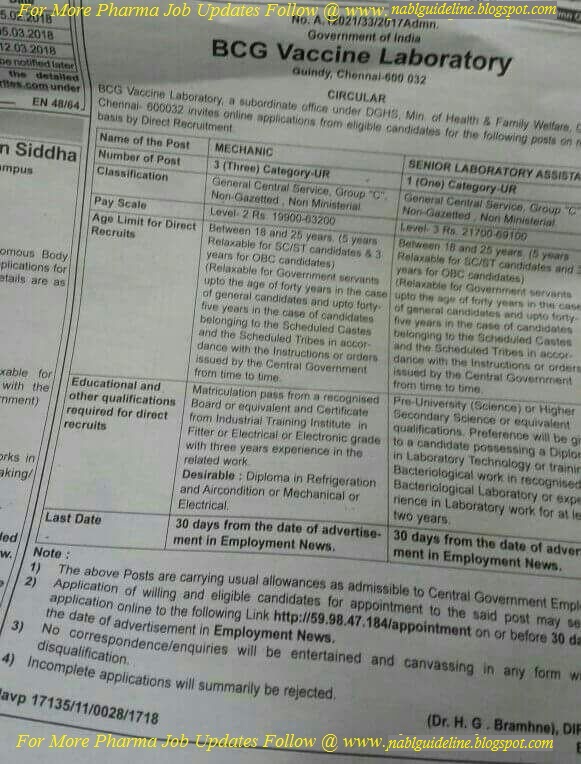 NABL GUIDELINES BCG Vaccine Laboratory Job Openings For Multiple