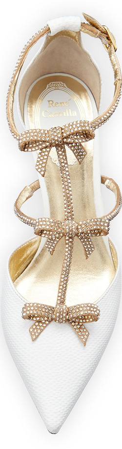 Rene Caovilla Crystal Bow-Embellished Karung Low-Heel Pump