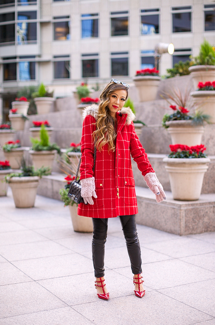 J crew Chateau parka in windowpane check, red checker coat, j crew chateau parka, coats for the holidays, moto pants, leather leggings, valentino rock studs, chanel boy bag, bauble bar gem tassels earrings, rebecca minkoff sweater, holiday outfit ideas, san francisco fashion blog, san francisco street style