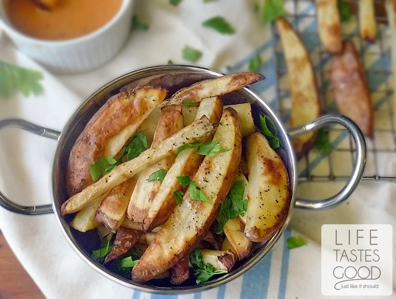 Best Baked French Fries | by Life Tastes Good are easy to make and really do get a little crispy on the outside just like a good french fry should!! #Baked #FrenchFry #Healthy #BuffaloSauce