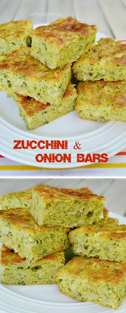 Easy, mix-n-bake recipe for Zucchini and Onion Bars ~ perfect for picnics, brunch, side dish or just a delicious quick savory snack {serve warm or cold}