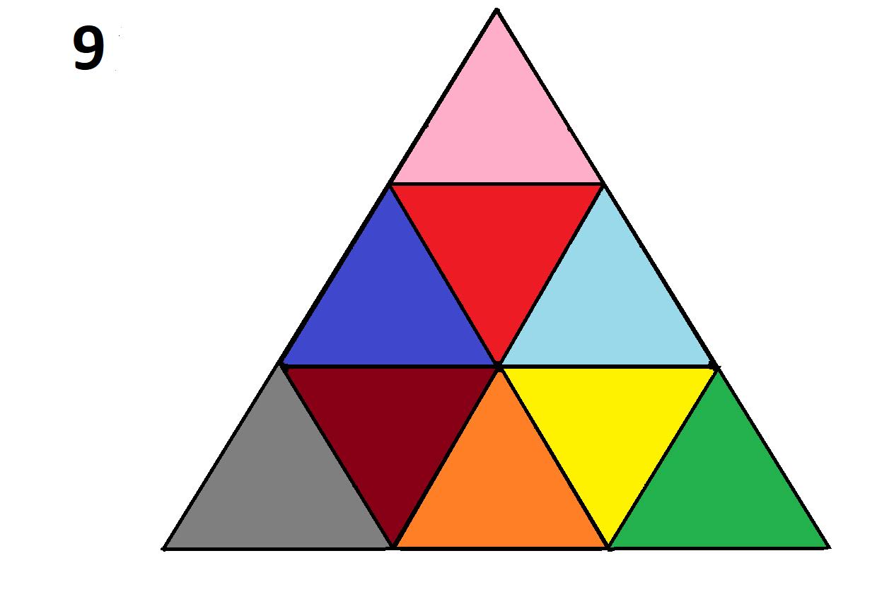 Из 9 треугольников 1. Треугольник деления. Разделить треугольник на треугольники. Разрезать на равносторонние треугольники. Деление треугольника на равные части.