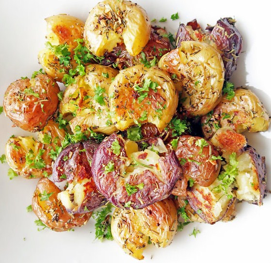 Vegan + Gluten Free Crispy Garlic Smashed Baby Potatoes Vegan + Gluten Free Crispy Garlic Smashed Baby Potatoes