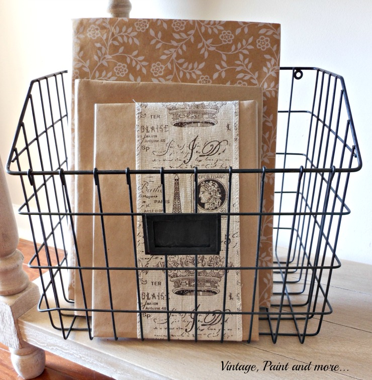 Vintage, Paint and more... wire basket with books with DIY brown paper jackets