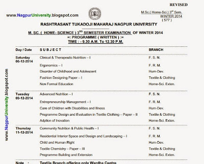Nagpur University M.Sc Home Science 3rd Sem Revised ( New ) Time Table Winter 2014