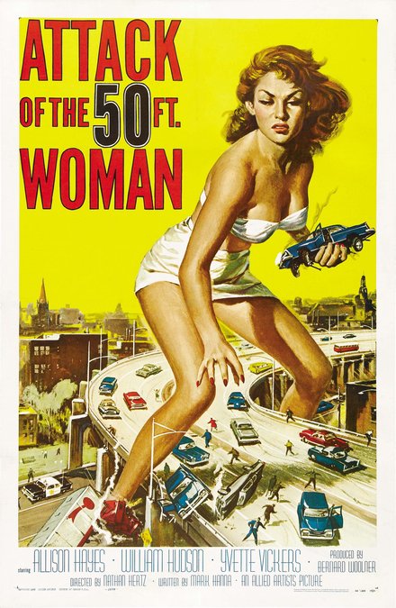 theater, movies, horror movie, vintage, vintage posters, graphic design, classic posters, retro prints, free download, Attack of the 50 ft. Woman - Vintage Horror Movie Poster