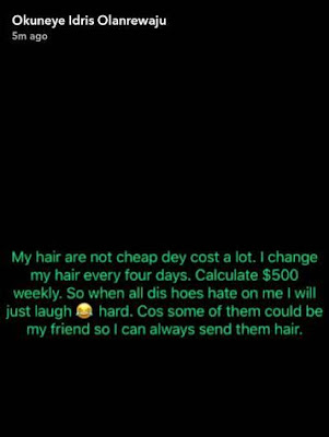 2 'My hair 'are' not cheap, I change it every four days, $500 a week' - Bobrisky