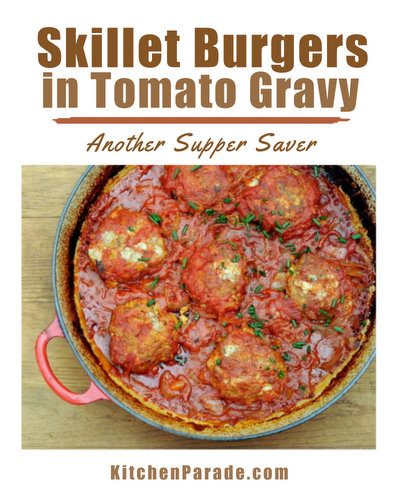 Skillet Burgers with Tomato Gravy ♥ KitchenParade.com, bun-free and on the table in an hour with pantry ingredients. LowCarb. High Protein. Weight Watchers Friendly.