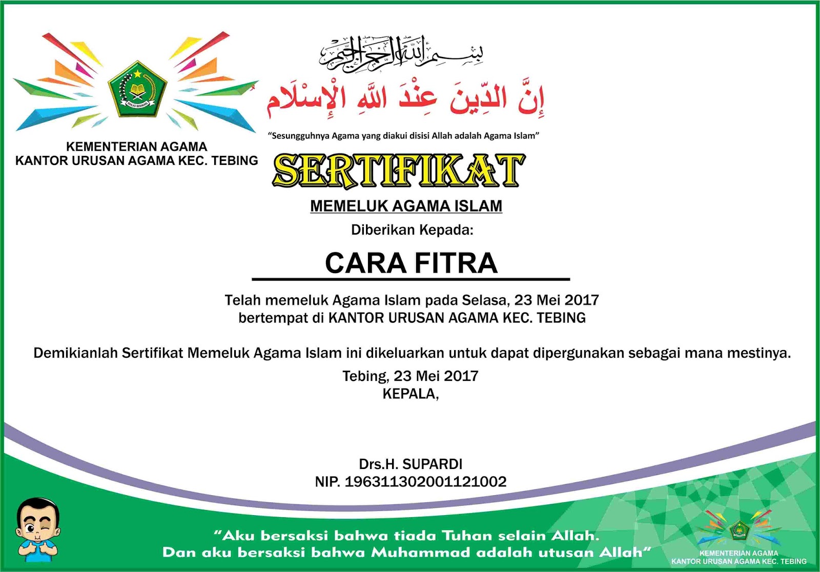 Contoh Sertifikat Memeluk Agama Islam carafitra