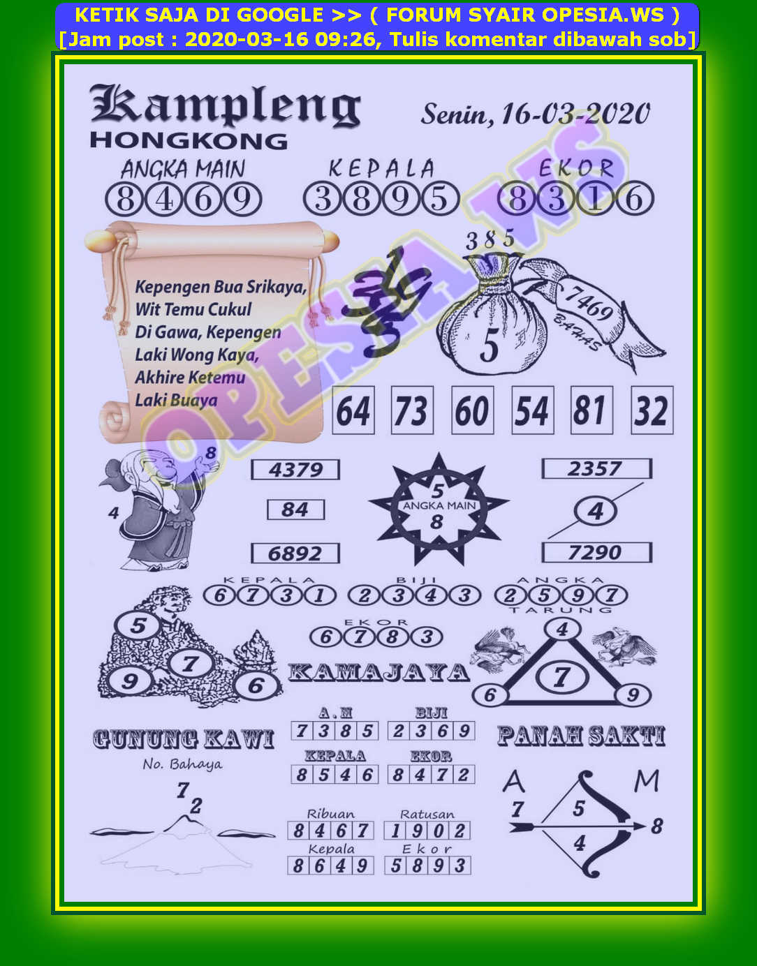 Kode Syair Hongkong 16 Maret 2020 Forum Syair Togel Hongkong Singapura Sydney