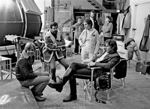 LUCAS JUNTO CARRIE FISHER, MARK HAMILL Y HARRISON FORD