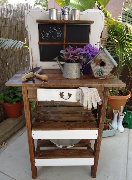 Chalkboard Potting/Display Bench Using an Old Coffee Table and Desk Remnants -SOLD