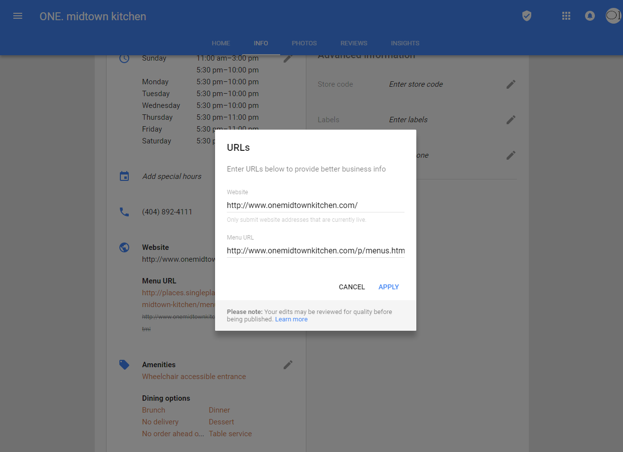 google restaurant menu