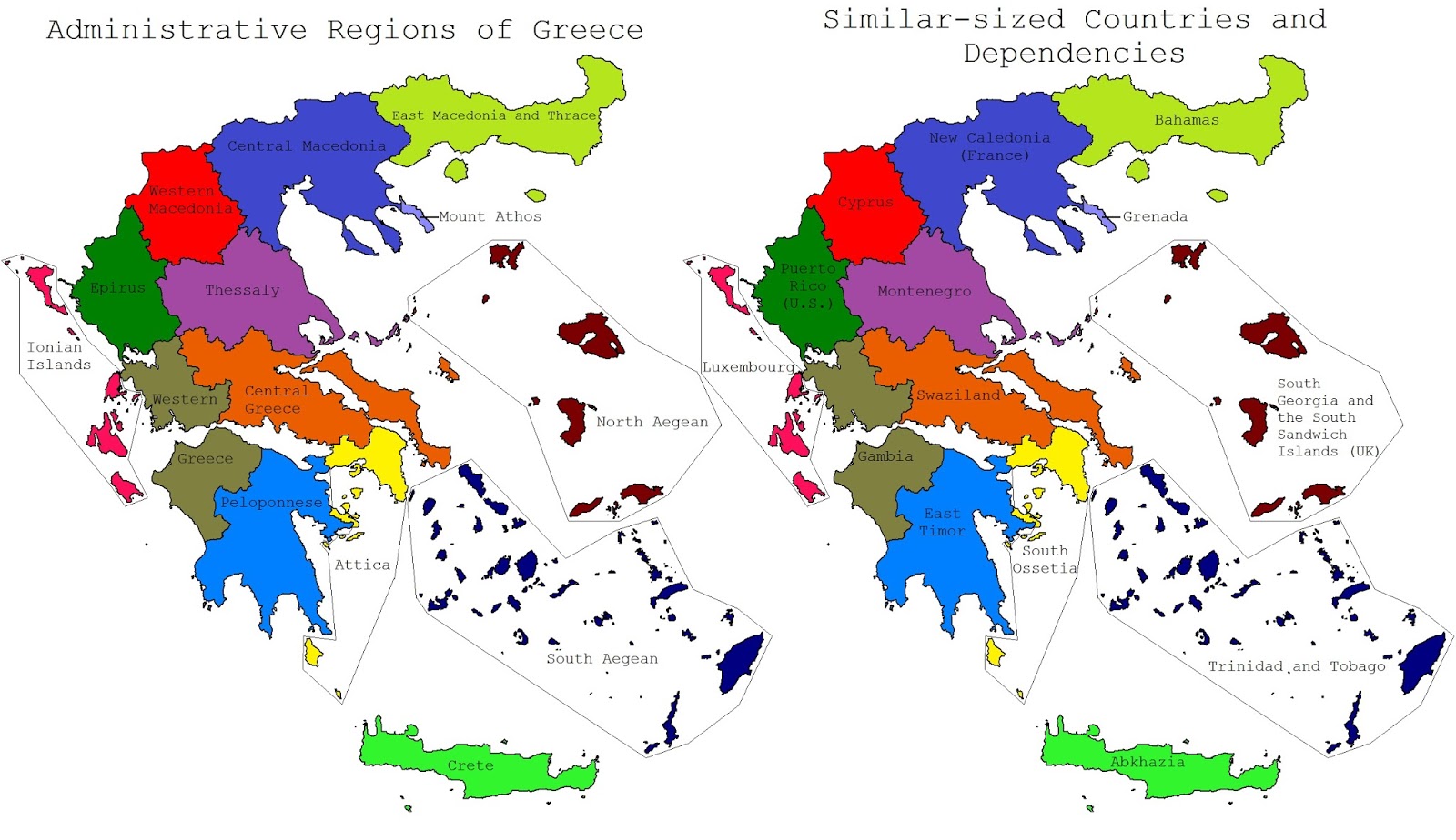 Greek administrative regions with similar-sized countries and dependencies