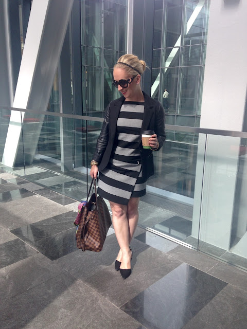 leather sleeved blazer, striped dress, marissa webb, banana republic