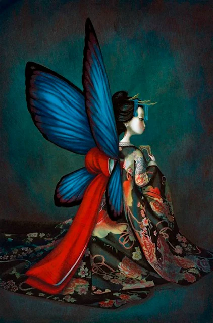 Imagen de gran belleza de inspiración oriental del libro Los Amantes Mariposa, escrito e ilustrado por el ilustrador francés Benjamin Lacombe
