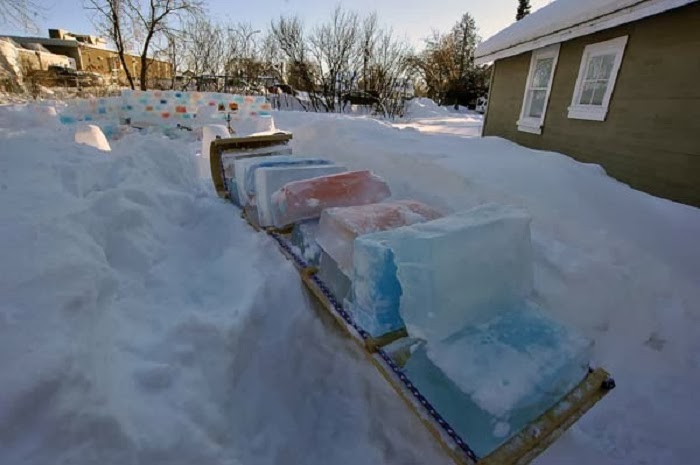 Lots and lots of ice blocks. (His neighbors were starting to stare.) Lots and lots of ice blocks. (His neighbors were starting to stare.)