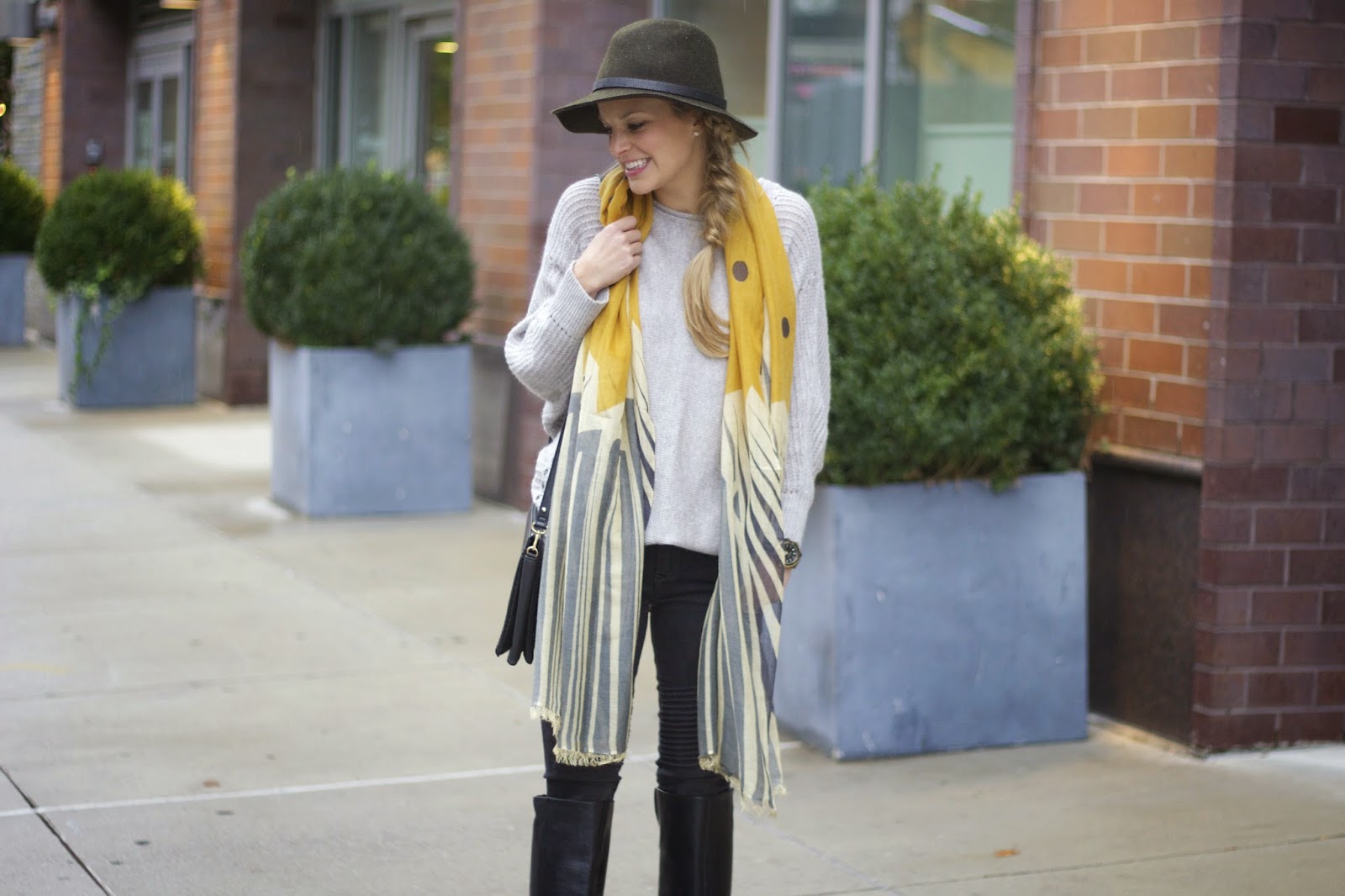 braided hairstyles, oversized sweater, cats & ghosts scarf