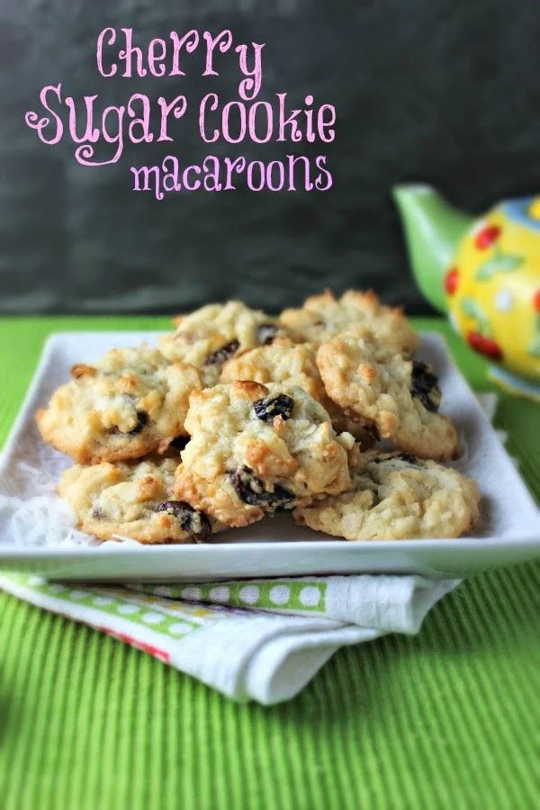 Cherry Sugar Cookie Macaroons from Renee's Kitchen Adventures:  Chewy, coconuty-y, nutty, with a nice tart pop from the dried cherries. #cookies #coconut #macaroons