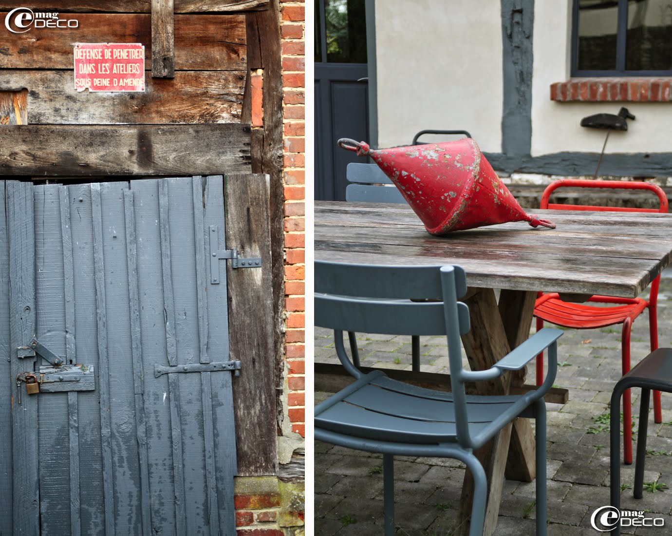 Autour d'une table de jardin, des vieilles chaises de bistrot des années 1950 et un bridge Luxembourg Fermob. Une ancienne bouée de corps-mort s’invite dans le décor.
