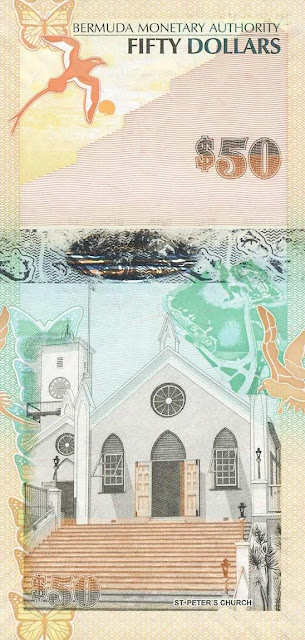 Bermuda money currency 50 Dollars banknote 2009 St. Peter's Church, in St. George's, Bermuda