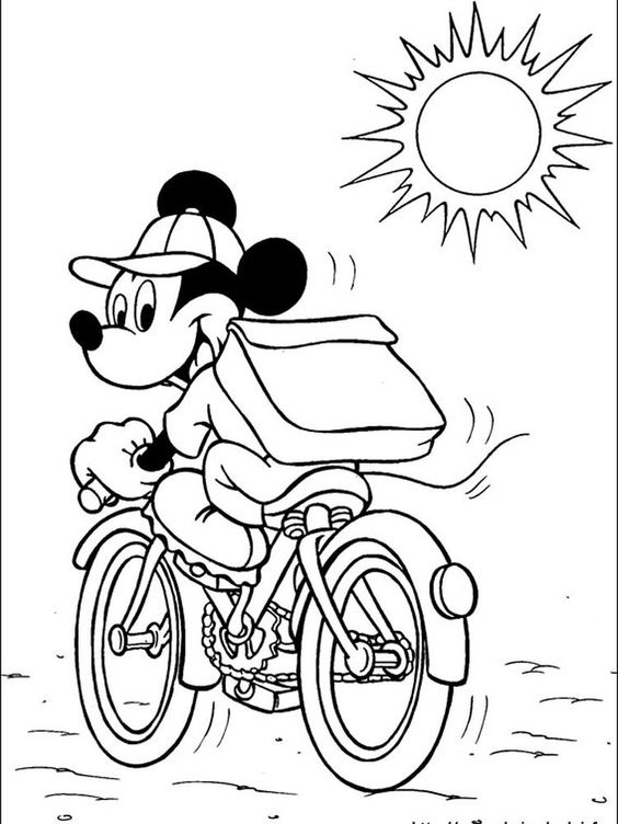 Tranh tô màu chuột Micky đi xe đạp