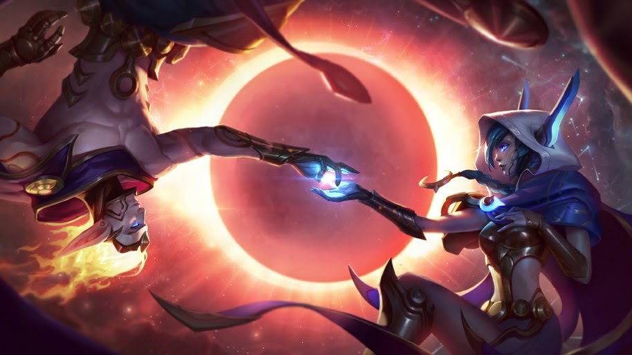 Xayah, Rakan, LoL, Cosmic Dusk, Cosmic Dawn, Splash Art, 4K, 634 Wallpaper