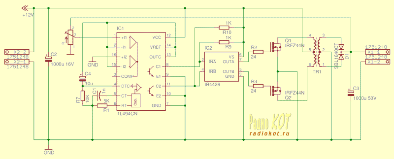 96kw: Двухтактный генератор, на IRFZ44N упраляемый через IR4426 && TL494