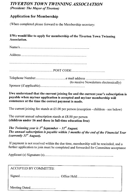 Tiverton Twinning application form request at tivertontwinning@gmail.com
