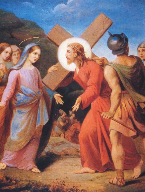 María encuentra a Jesús, cargado con la Cruz