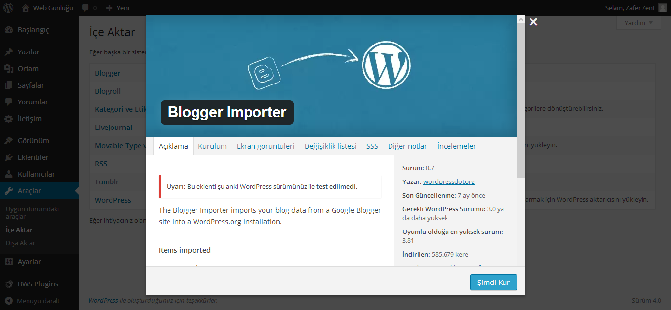 blogger importer eklentisi ile wordpresse geçiş