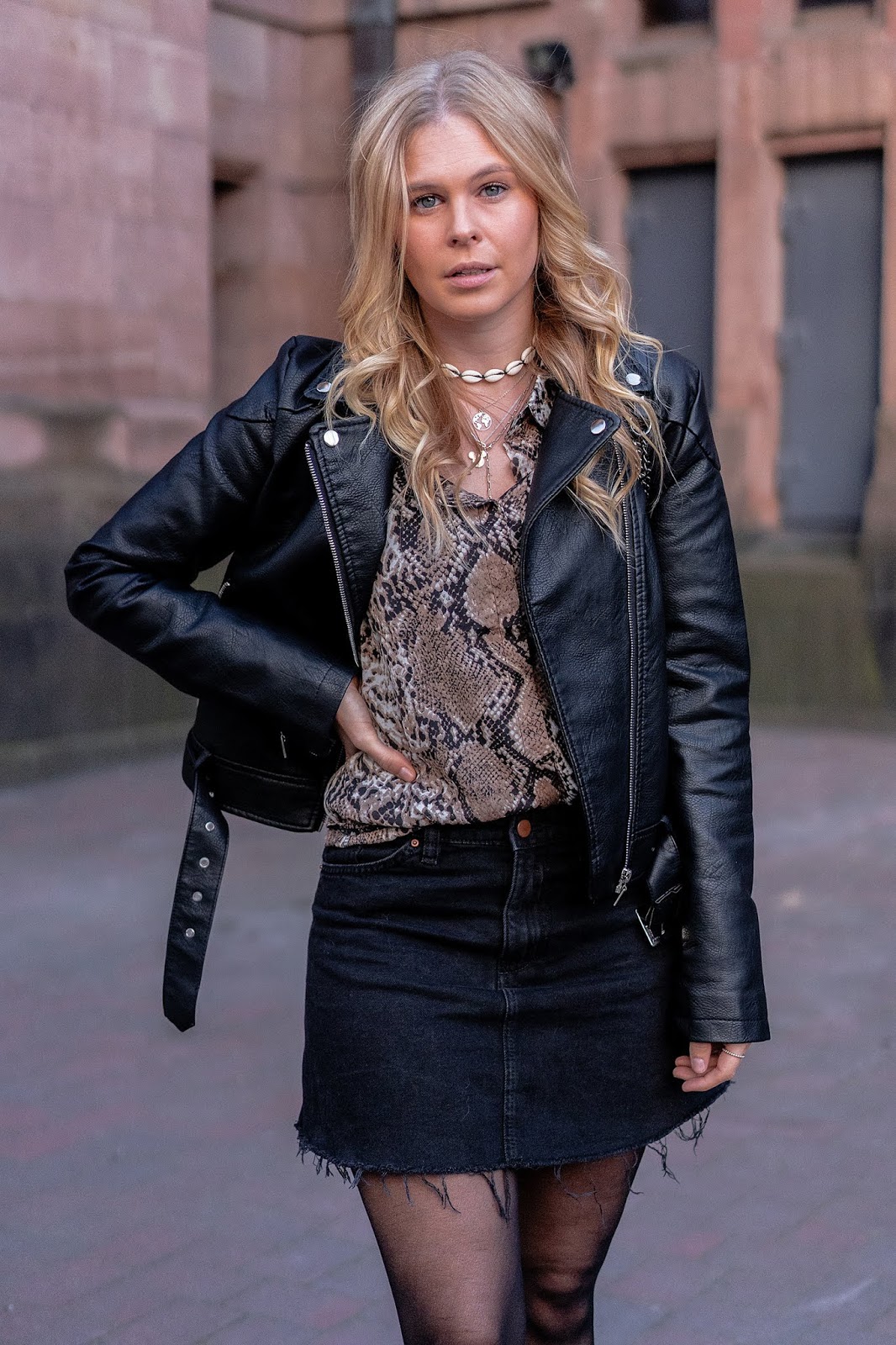 Outfit: Cowboy Boots x Snake Print Blouse & Leather Jacket ...