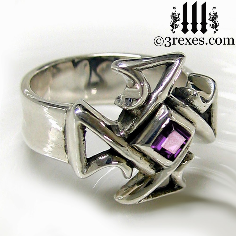 Mens silver Celtic Cross Gothic Ring purple amethyst stone