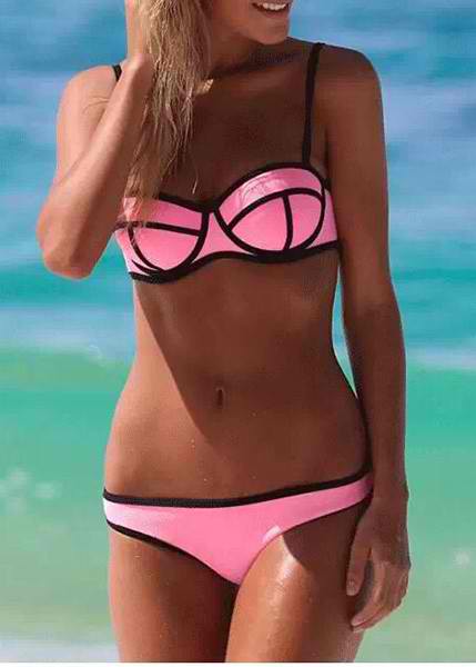 Push Up Triangle Neoprene Bikini Set - Pink