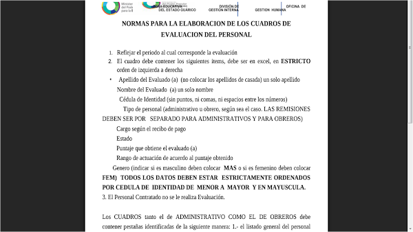 NORMAS PARA LA ELABORACION DE LOS CUADROS DE EVALUACION DEL PERSONAL OBRERO Y ADMINISTRATIVO NORMAS PARA LA ELABORACION DE LOS CUADROS DE EVALUACION DEL PERSONAL OBRERO Y ADMINISTRATIVO