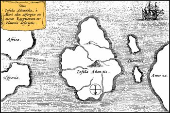 Athanasius Kircher's map of Atlantis, placing it in the middle of the Atlantic Ocean, from Mundus Subterraneus 1669, published in Amsterdam. The map is oriented with south at the top. Athanasius-Kirchers-map-of-Atlantis-placing-it-in-the-middle-of-the-Atlantic-Ocean-from-Mundus-Subterraneus-1669