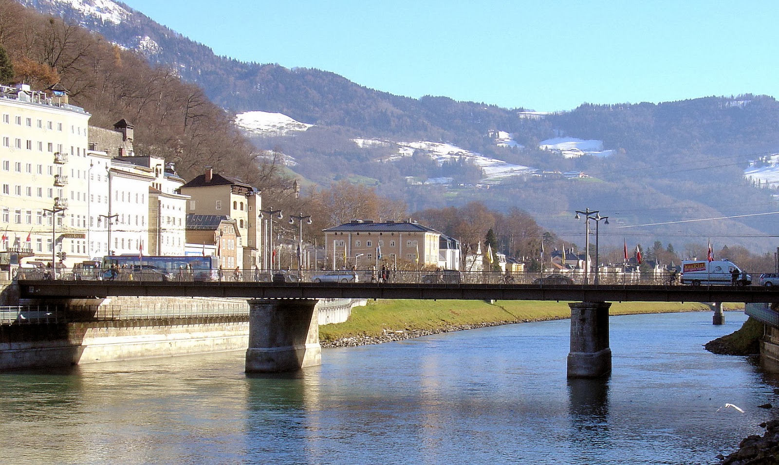 The 'Staatsbrücke' or Public Bridge to our left as we crossed the Salzach River is the 10th bridge to stand at this location and was completed by forced Nazi slave labor from Eastern Europe beginning in from 1939 through the WWII.
