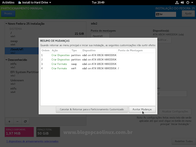 Resumo das mudanças a serem feitas no seu HD, para continuar, clique em "Aceitar mudanças"