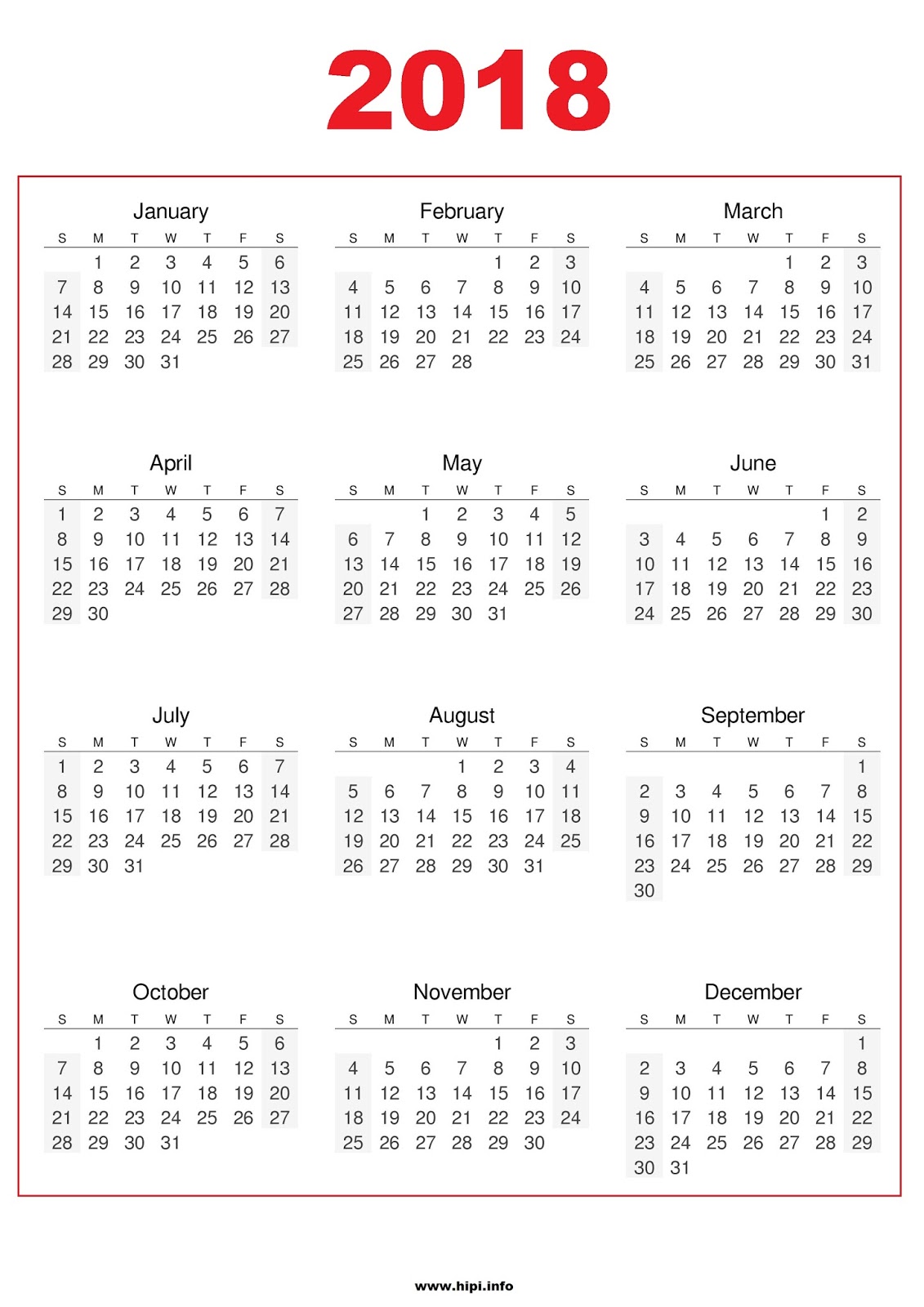 2018 calendar printable free