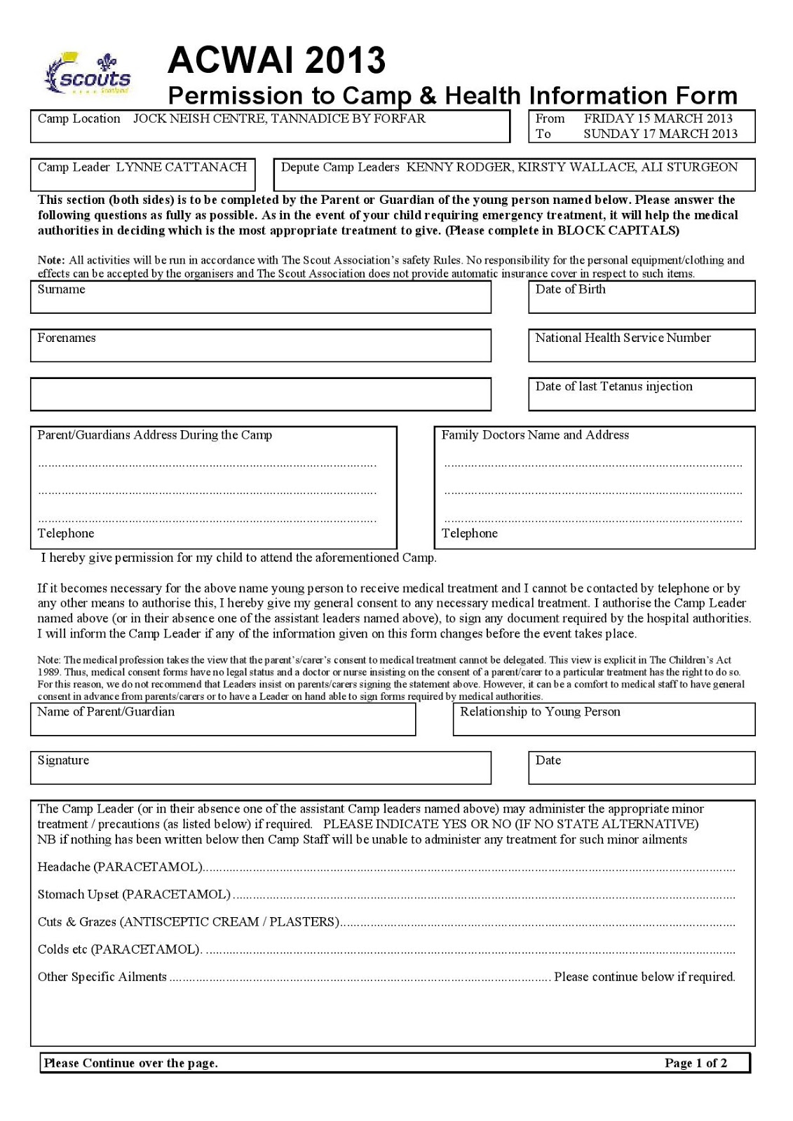 1st Montrose Scouts ACWAI Permission to Camp