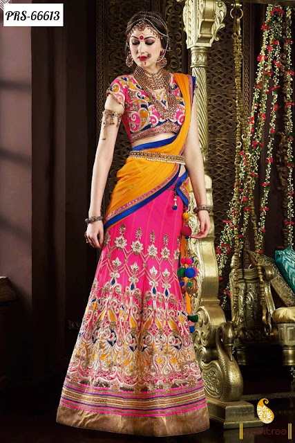 Heavy work gold pink color chiffon designer collection lehenga cholis online with discount offer deal and sale